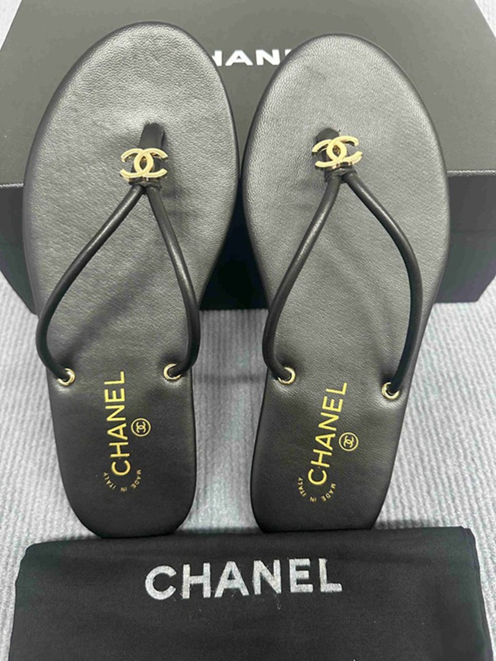 Chanel CC Logo Black Flip Flops